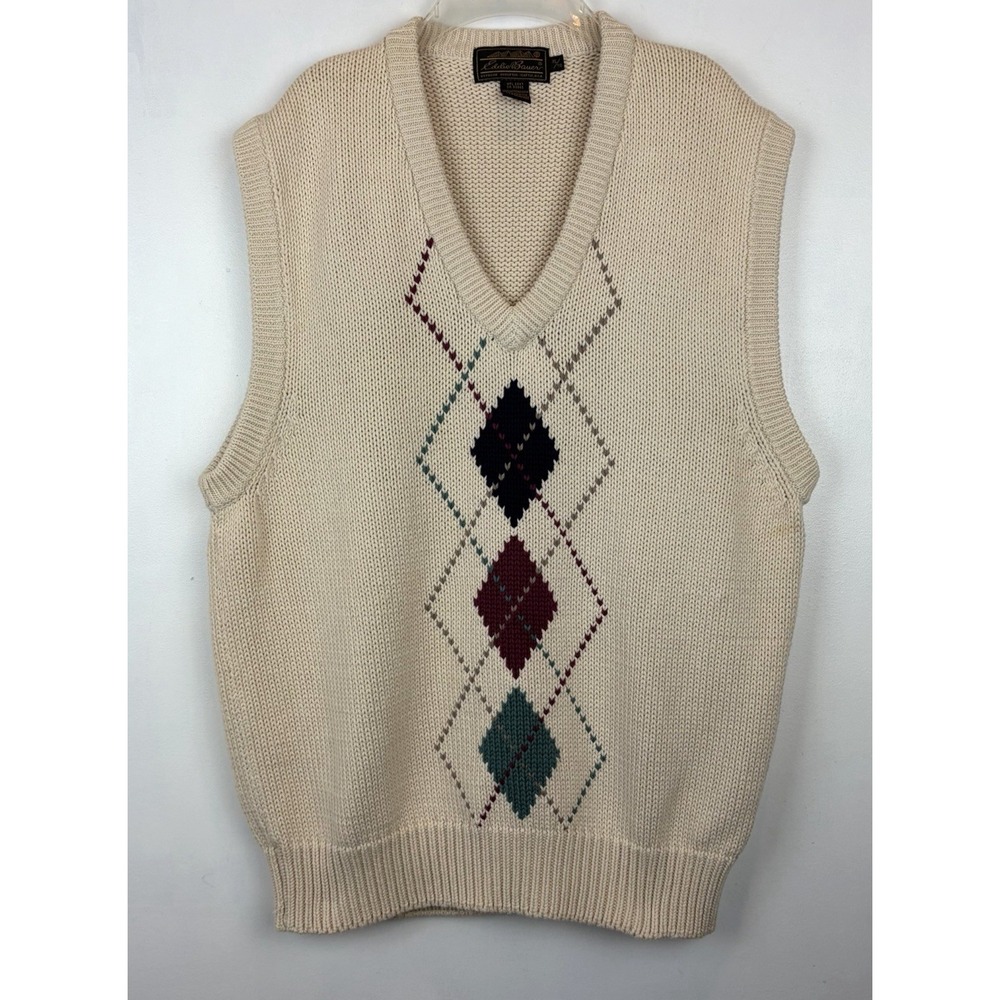 Vintage 90s Sweater Vest Mens XL Argyle Chunky Knit Cotton Golf Grandpa